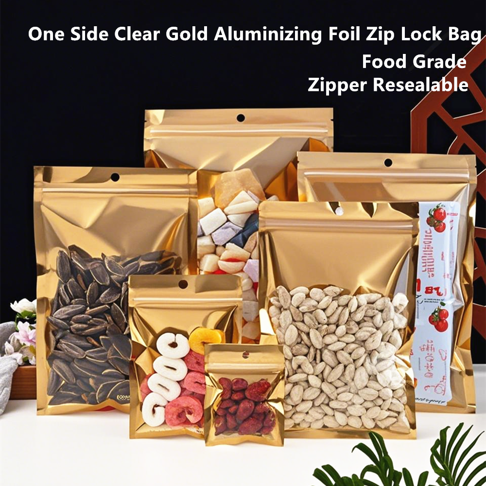 Food Storage Bags Zip Lock Pouch - 100pcs One Side Transparent Gold Aluminizing