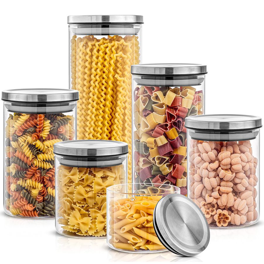 Food Storage Jar Set - Kitchen Canister Set. 6 Glass Jars