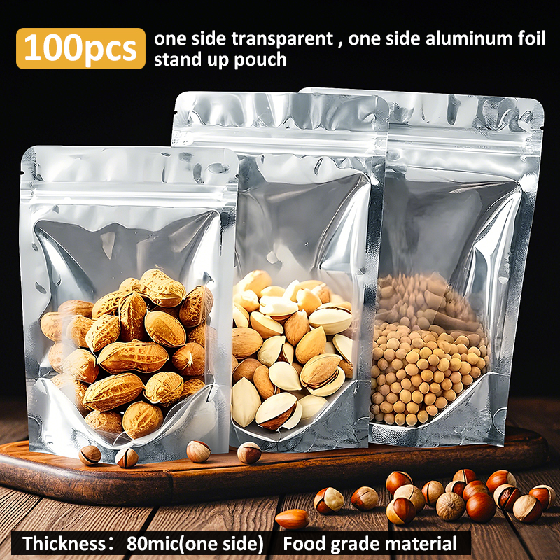 Food Storage Bags Zip Lock Pouch - 100pcs One Side Aluminum Foil One