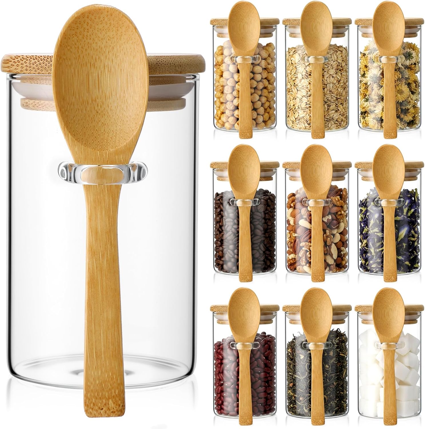 Food Storage Jar Set - 10 Pack Glass Jars with Bamboo