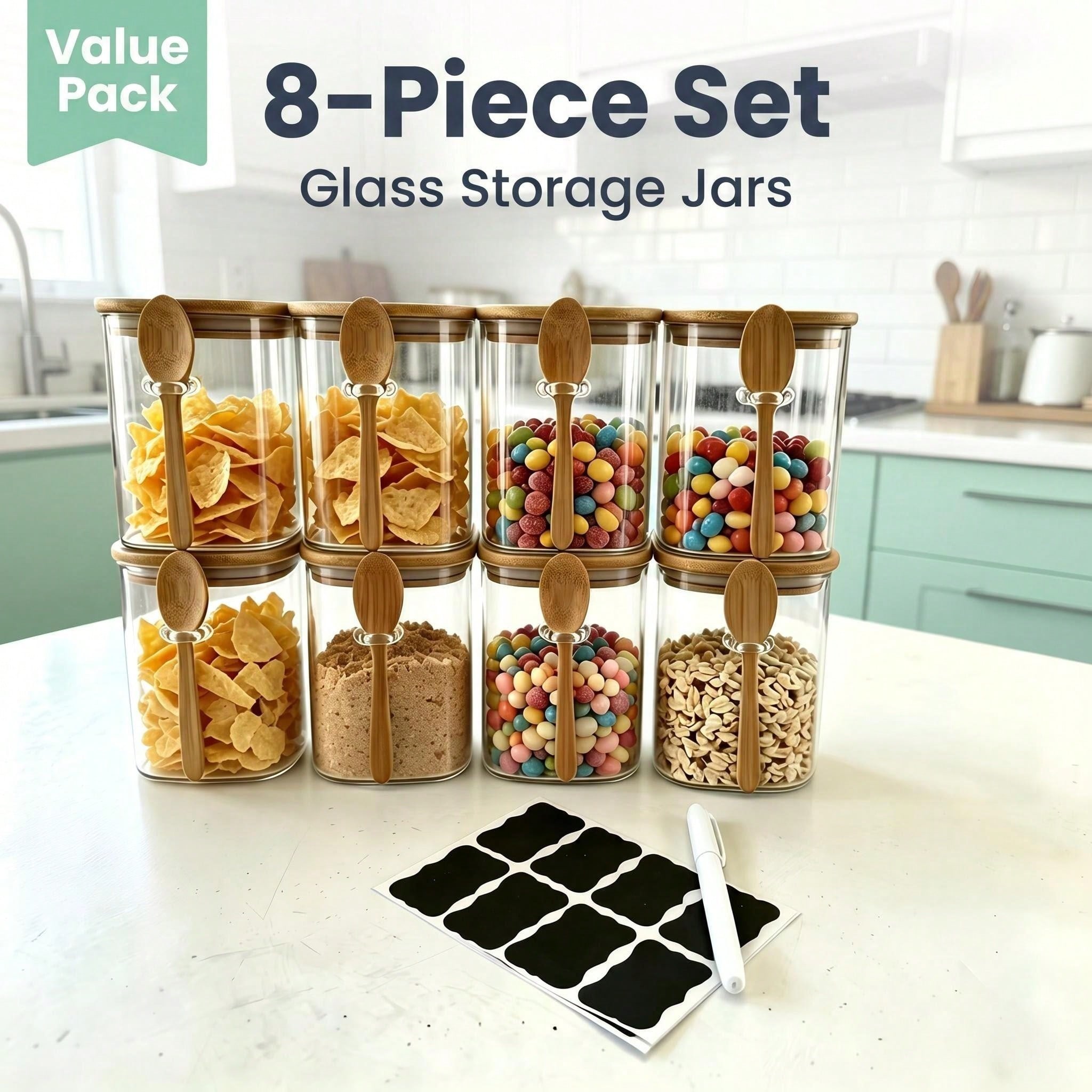 Food Storage Jar Set - 4/10/18 Pcs Square Airtight Glass Jars