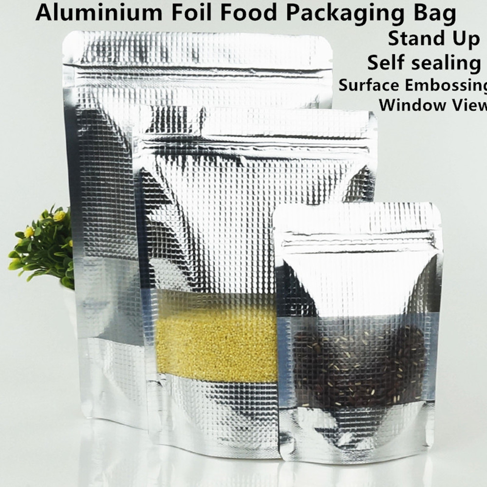 Food Storage Bags Zip Lock Pouch - 100pcs Silver Aluminum-Coated Textured Matte Window