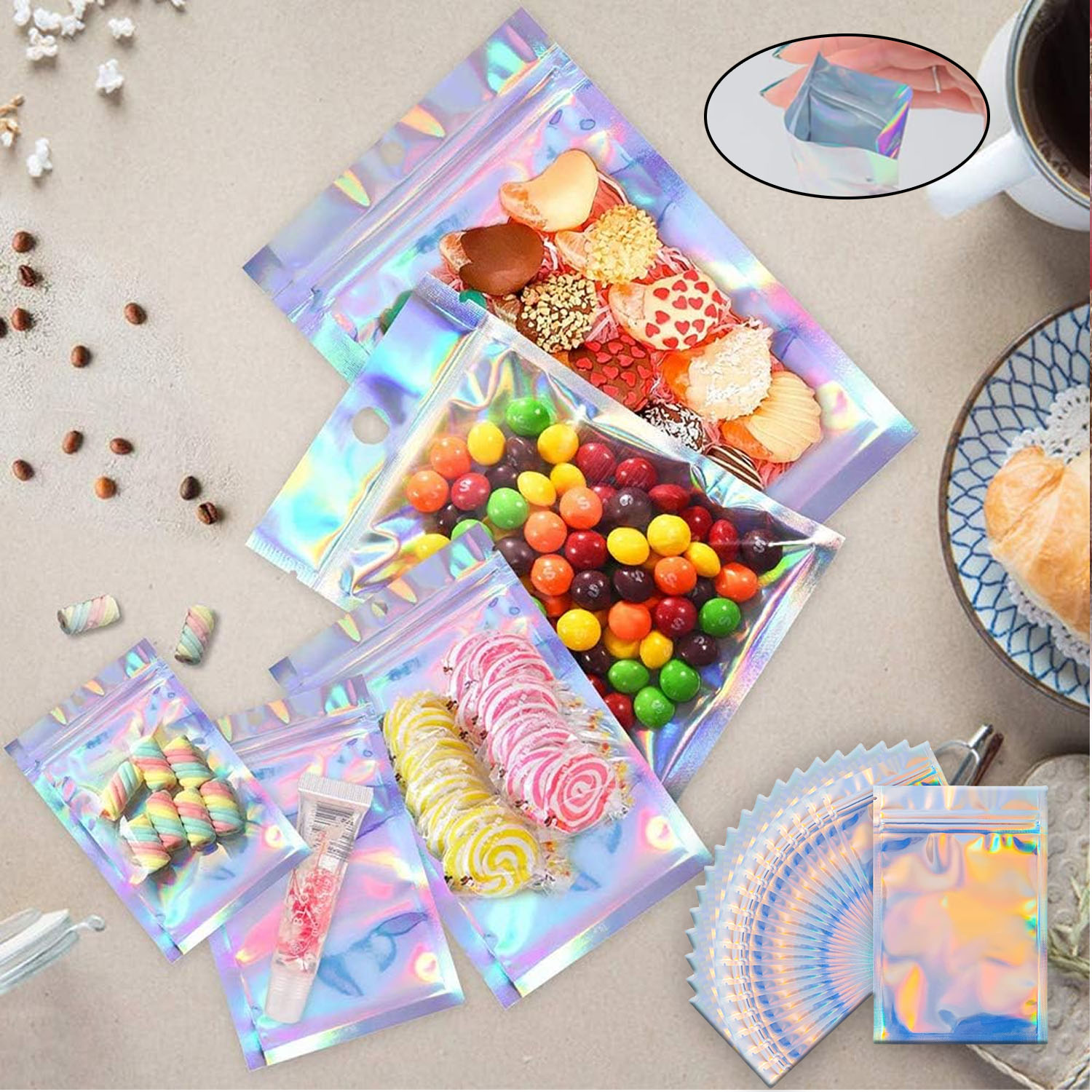 Food Storage Bags Zip Lock Pouch - Resealable Holographic Rainbow Mylar Bags Smell
