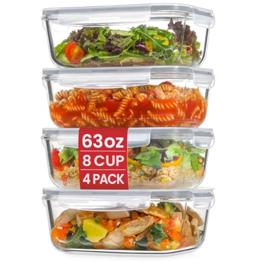 4 Pack 8 Cups/ 63oz Large Glas - Glass Meal Prep Container のレビューと価格