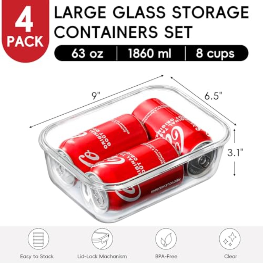 4 Pack 8 Cups/ 63oz Large Glas - Glass Meal Prep Container のレビューと価格