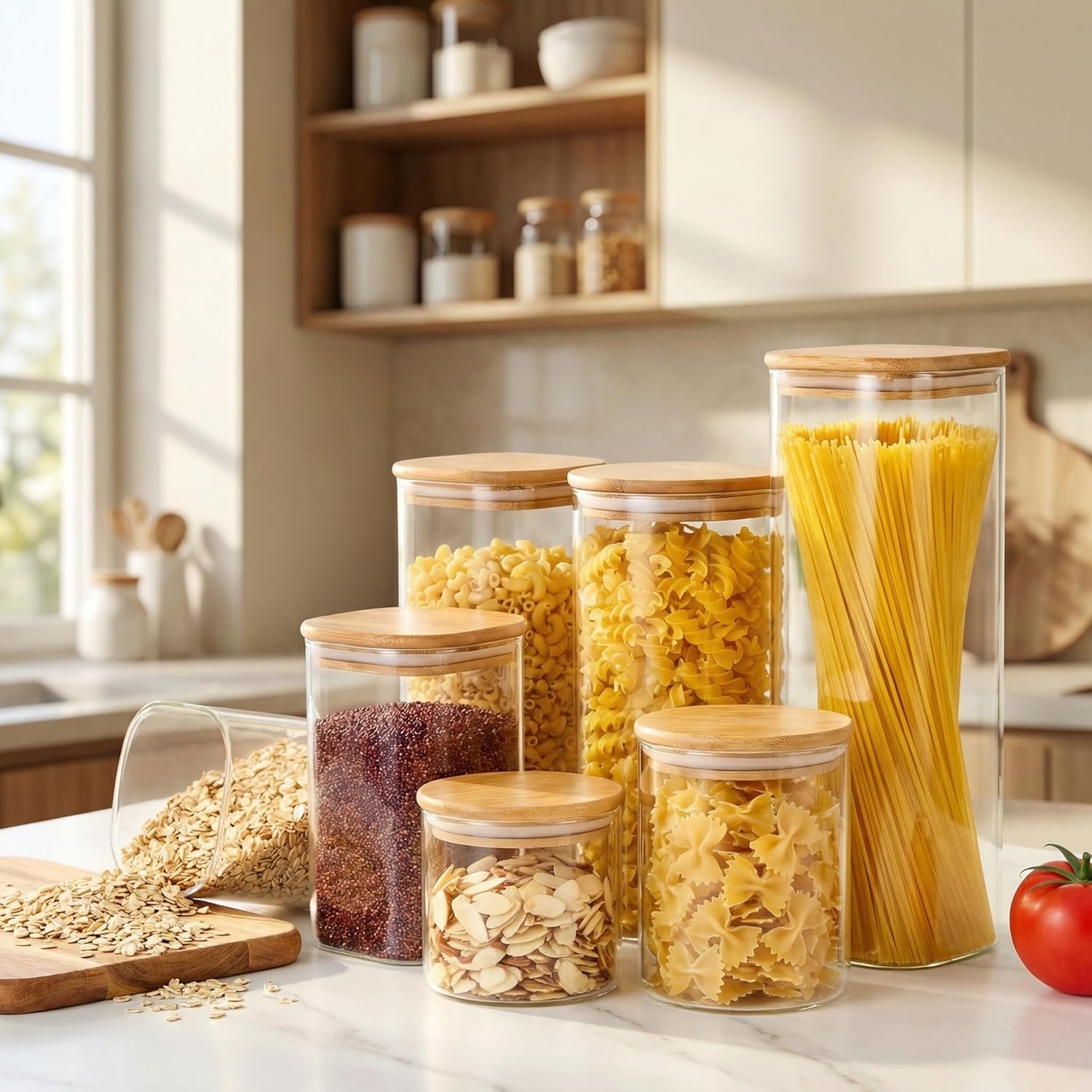 Square Glass Jars with Bamboo  - Food Storage Jar Set のレビューと価格