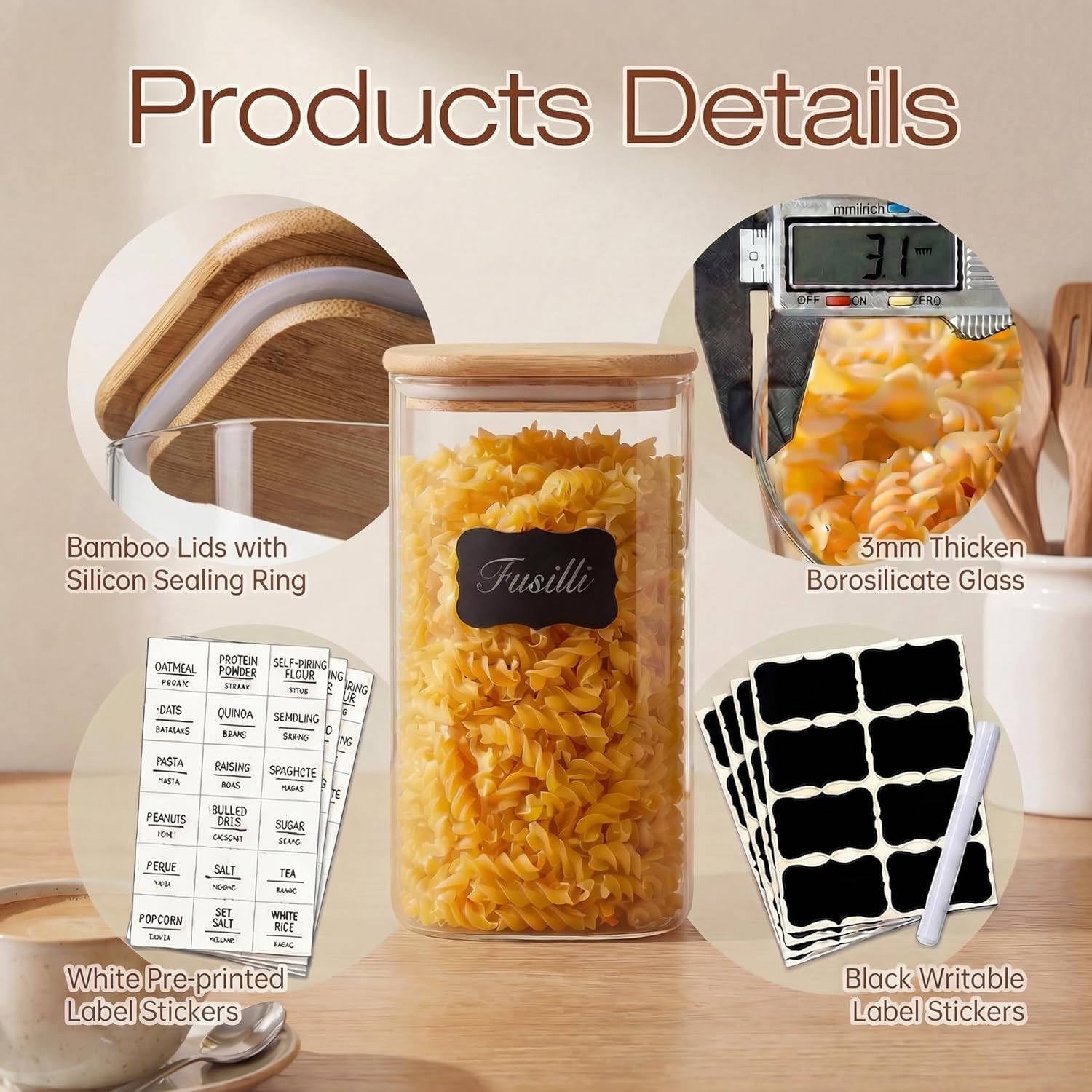 Square Glass Jars with Bamboo  - Food Storage Jar Set のレビューと価格